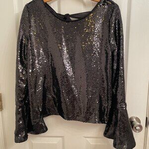 Lumière Black Sequin Long Bell Sleeve Lined Holiday / Event Top Size M